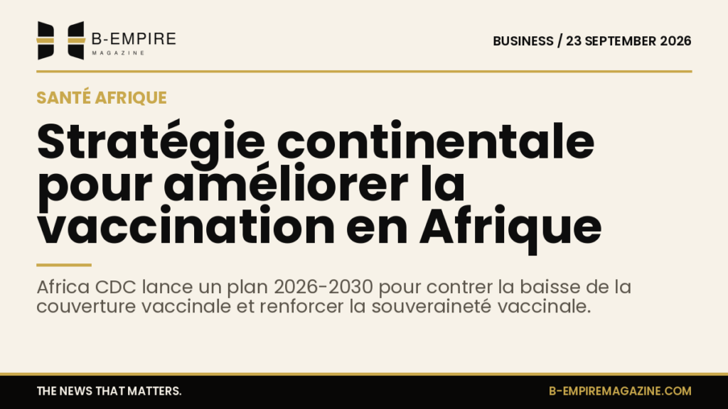 Visuel avec un fond papier clair, titre en encre noire annonçant la nouvelle stratégie continentale pour la vaccination en Afrique, avec des éléments graphiques dorés.
