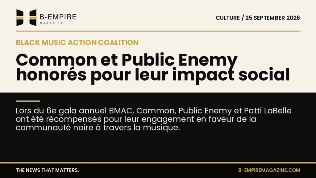 Visuel du gala Black Music Action Coalition avec Common, Public Enemy et Patti LaBelle honorés.