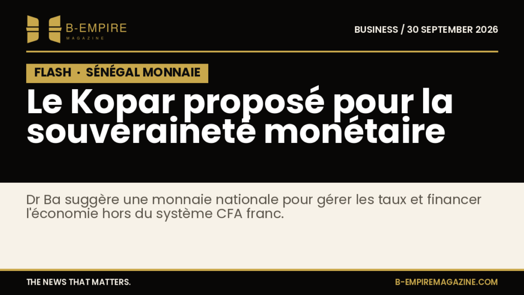 Visuel noir avec texte blanc et or annonçant la proposition d’une monnaie nationale Kopar pour le Sénégal par Dr Ba