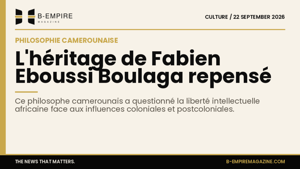 Portrait stylisé de Fabien Eboussi Boulaga avec un fond papier et une bande or sur le dessus