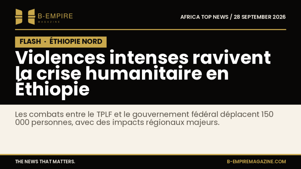 Carte stylisée avec zones en conflit dans le nord de l'Éthiopie et déplacement de population marqué
