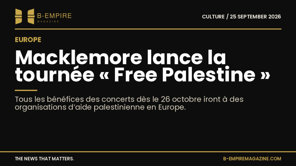 Affiche sombre avec titre blanc et or annonçant la tournée « Free Palestine » de Macklemore en Europe à partir d’octobre