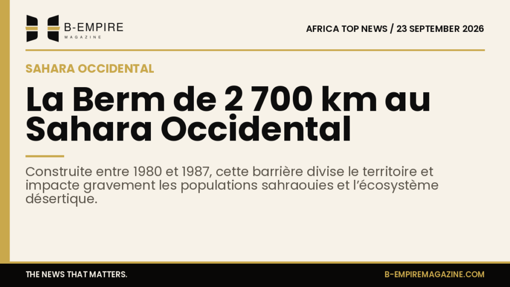 Carte stylisée montrant la Berm de 2 700 km divisant le Sahara Occidental avec des zones contrôlées par le Maroc et le Front Polisario, entourée d’un champ de mines.