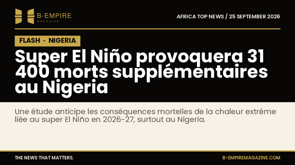 Visuel avec bloc noir marqué FLASH et texte en or annonçant les 31 400 morts supplémentaires au Nigeria dues au super El Niño