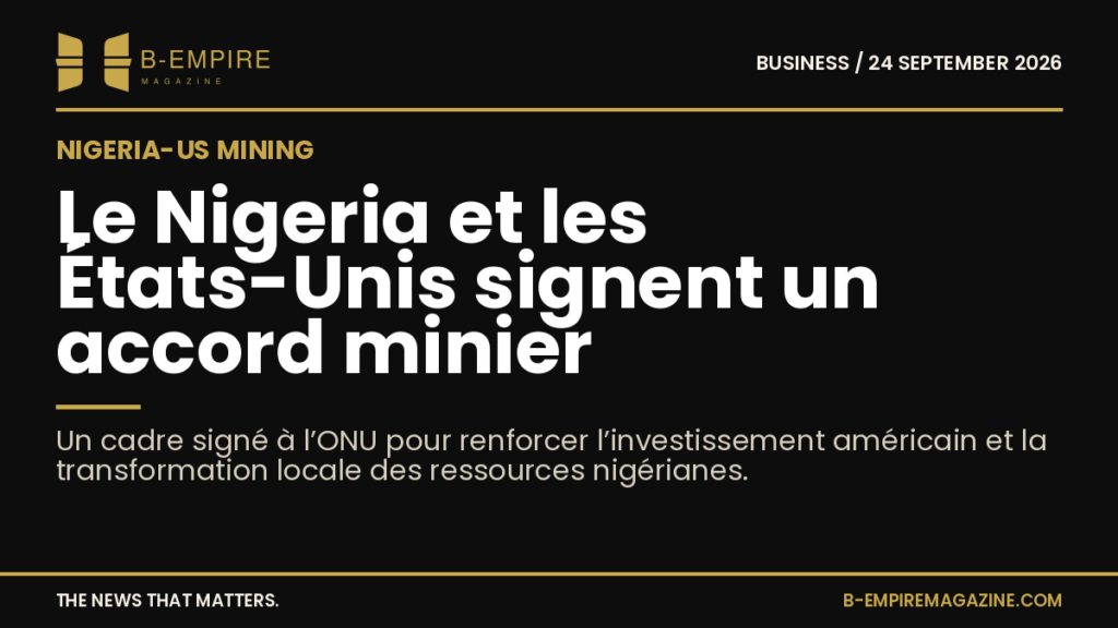 Illustration graphique avec un fond noir et texte en blanc et or présentant l’accord minier entre le Nigeria et les États-Unis.