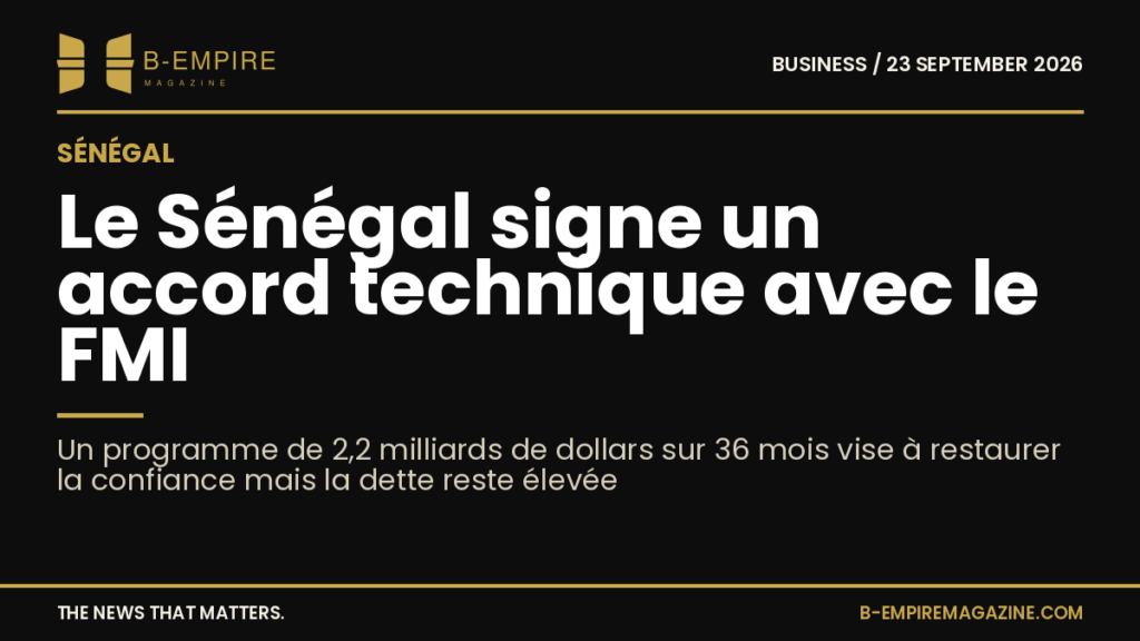 Visuel avec fond noir, titre blanc et or indiquant un accord technique du Sénégal avec le FMI pour un programme de 2,2 milliards de dollars
