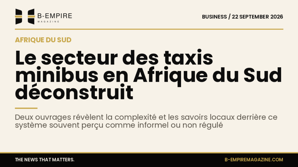 Couverture stylisée d’un livre avec un taxi minibus sud-africain sur fond papier avec des titres en encre et or