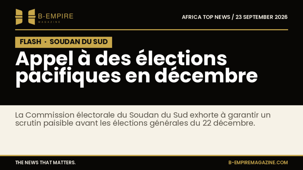 Texte sur fond noir avec bloc noir marqué FLASH annonçant un appel à des élections pacifiques au Soudan du Sud.