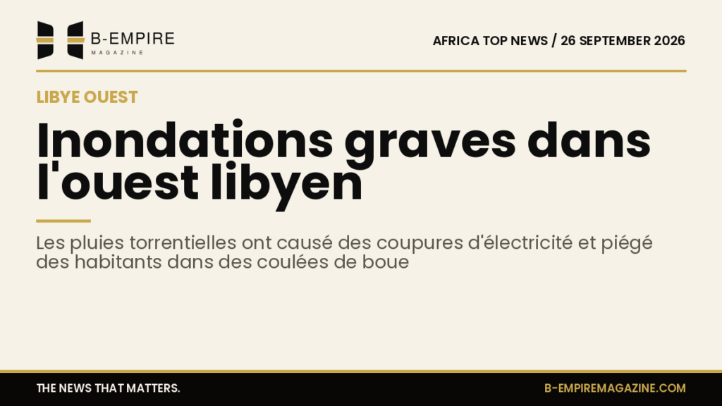 Image sombre symbolisant les inondations et coulées de boue dans l'ouest libyen avec un chiffre clé mis en avant