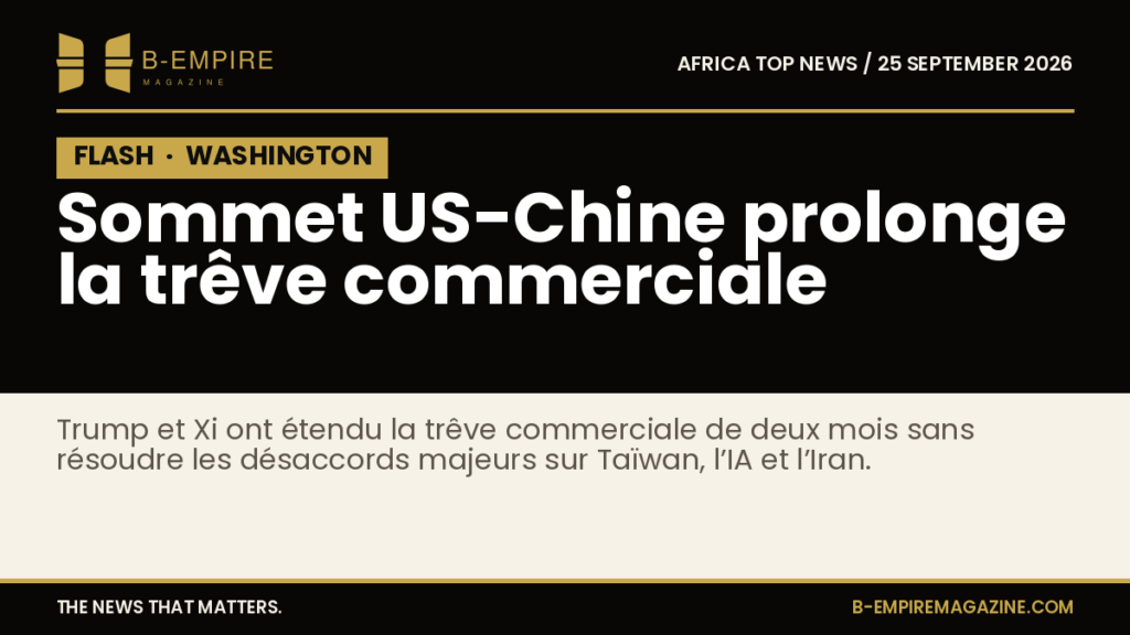 Photo officielle des présidents Donald Trump et Xi Jinping lors du sommet à Washington en septembre 2026, avec des arrière-plans diplomatiques.