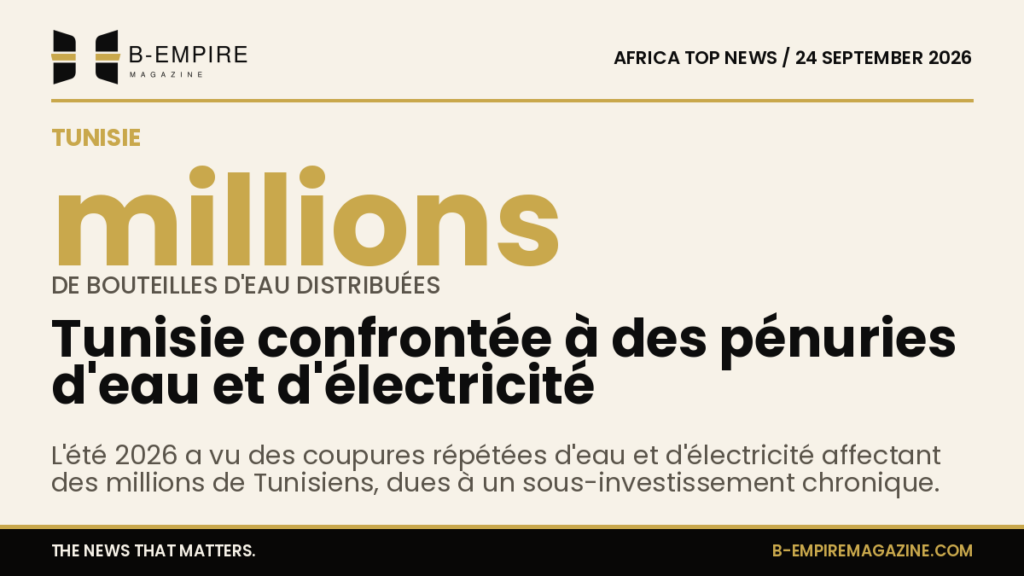 Graphique illustrant la pénurie d'eau et d'électricité en Tunisie durant l'été 2026 avec distribution de bouteilles d'eau.