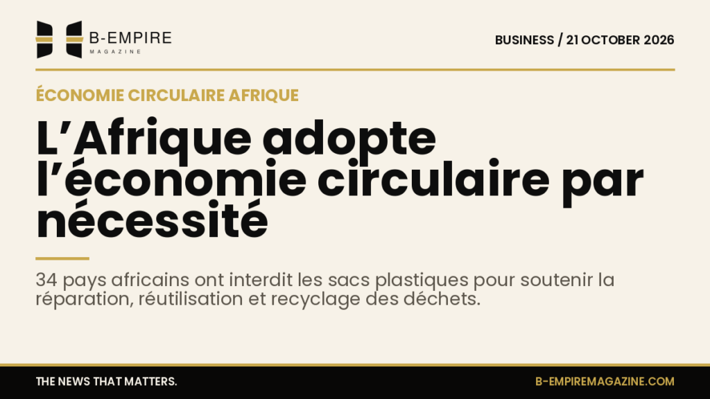 Graphique stylisé mettant en avant le chiffre 34 représentant les pays africains ayant interdit les sacs plastiques, avec des éléments évoquant la réparation et le recyclage.