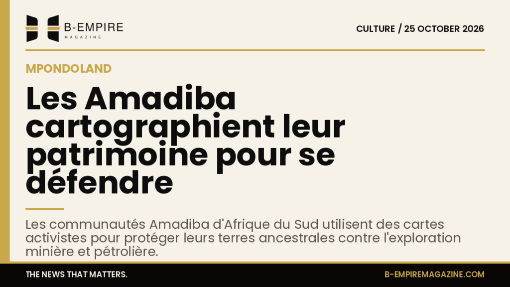 Carte stylisée sur fond papier avec un bandeau or en haut, titre en encre : Les Amadiba cartographient leur patrimoine pour se défendre
