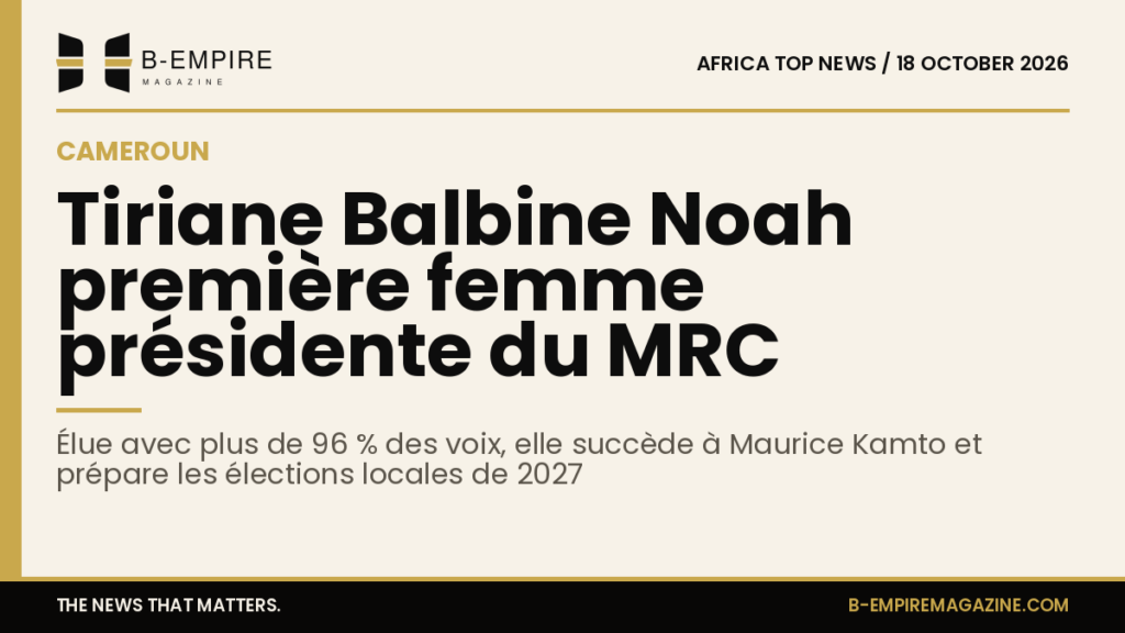 Portrait de Tiriane Balbine Noah, nouvelle présidente du MRC au Cameroun, avec un fond aux couleurs sobres encre et or