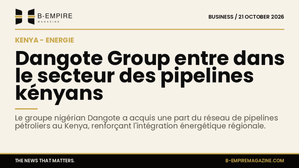 Carte stylisée montrant des pipelines avec les drapeaux du Nigeria et du Kenya symbolisant l'investissement de Dangote dans le secteur énergétique kényan.