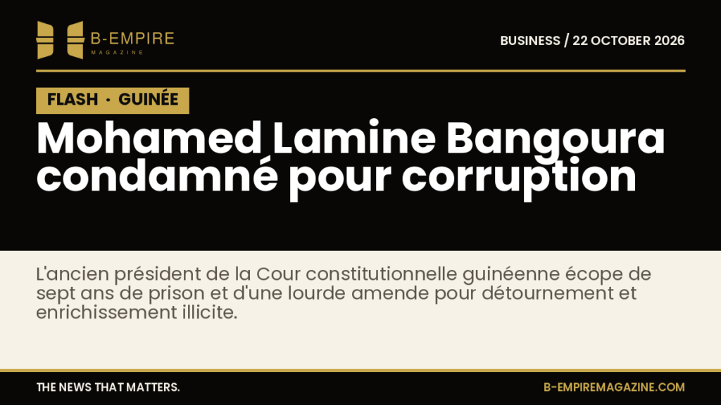 Visuel avec le mot FLASH en bloc noir et titre indiquant la condamnation de Mohamed Lamine Bangoura pour corruption en Guinée.