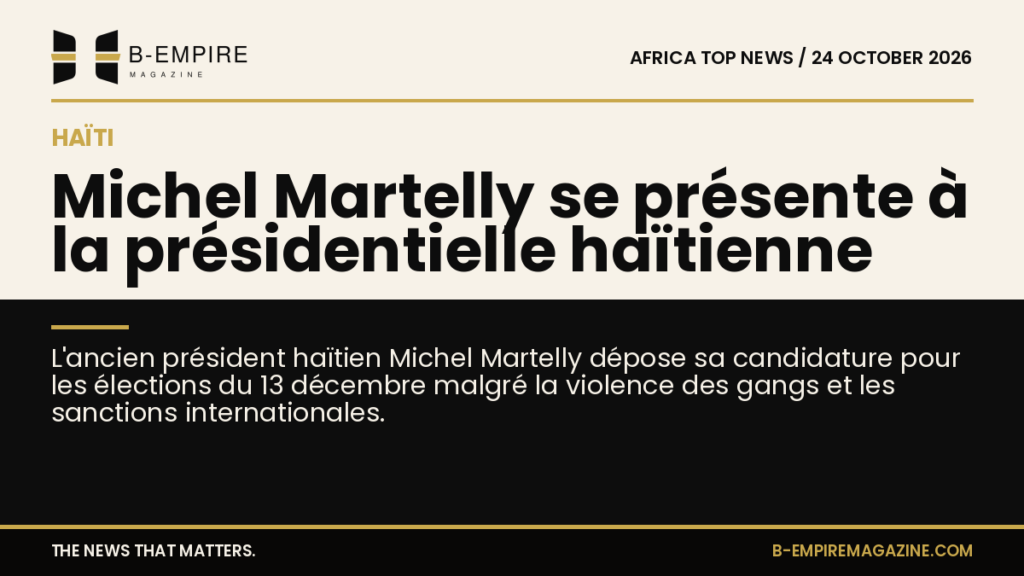 Visuel divisé montrant Michel Martelly en photo officielle sur fond papier à gauche et un paysage urbain haïtien marqué par la violence à droite