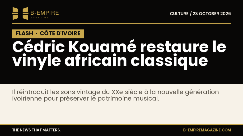 Affiche stylisée avec le mot FLASH en bloc noir et titre doré sur fond papier évoquant la restauration de vinyles africains en Côte d'Ivoire.