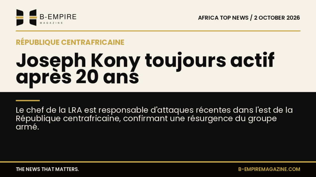 Portrait en noir et blanc de Joseph Kony avec carte de la République centrafricaine en arrière-plan
