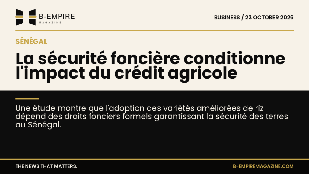 Infographie présentant une carte du Sénégal avec des icônes de riz et de documents fonciers symbolisant la sécurité foncière et le crédit agricole.