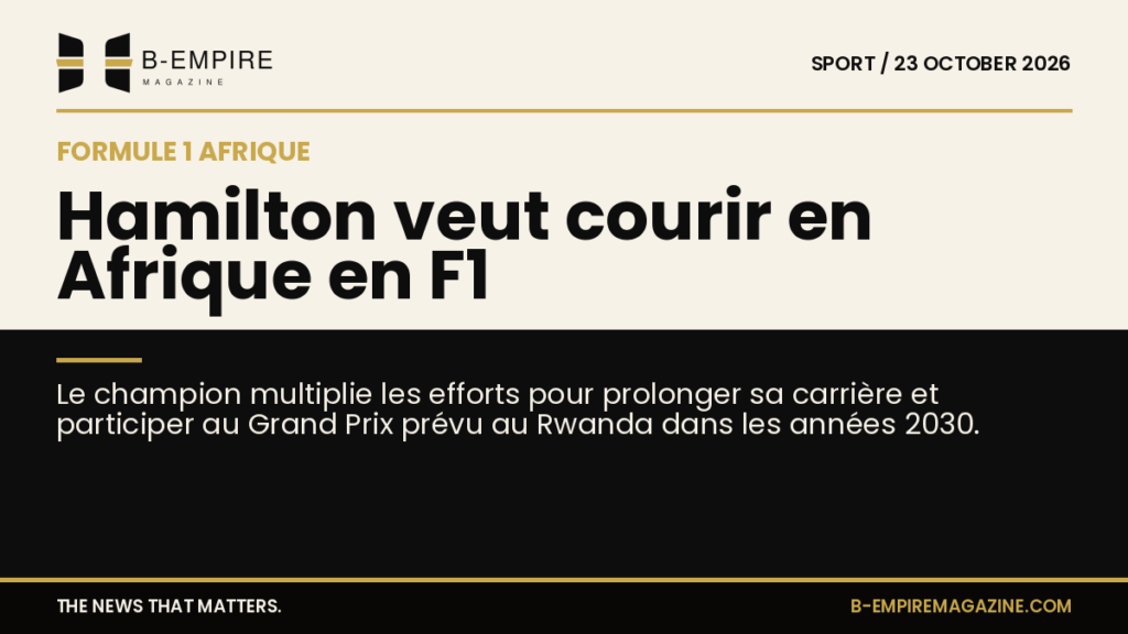 Portrait de Lewis Hamilton avec un casque de pilote de Formule 1, fond divisé en papier et noir, titre à cheval.