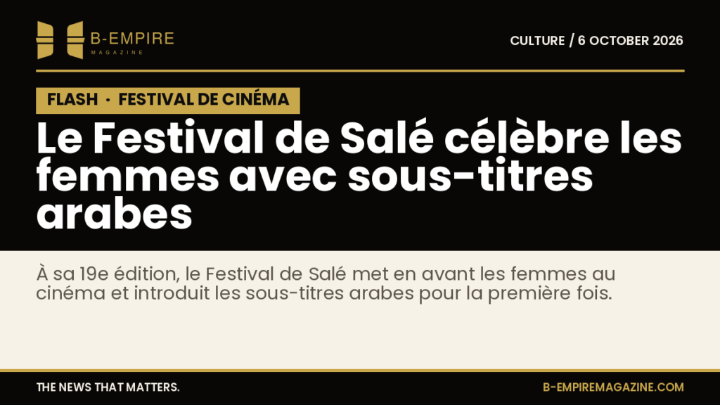 Affiche du Festival de Salé avec décor rouge et or, mettant en avant les femmes au cinéma et des sous-titres arabes.