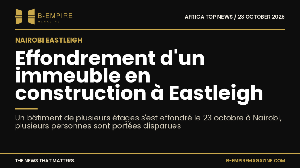 Vue d'un bâtiment effondré sous un nuage de poussière dans le quartier Eastleigh de Nairobi avec des équipes de secours sur place
