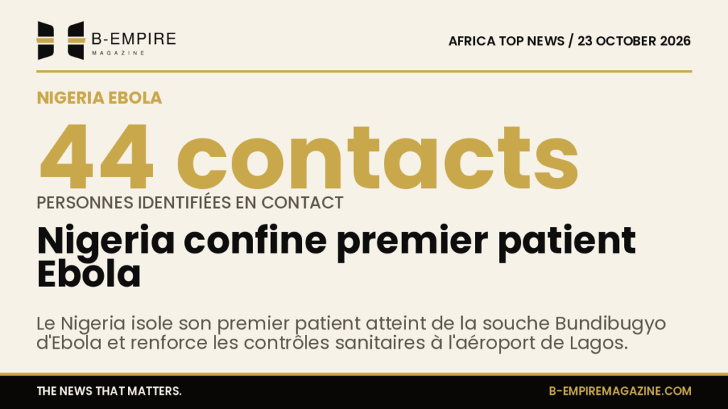Infographie avec le chiffre 44 en grand, indiquant les contacts identifiés lors du premier cas Ebola au Nigeria, sur fond papier avec couleurs encre et or.