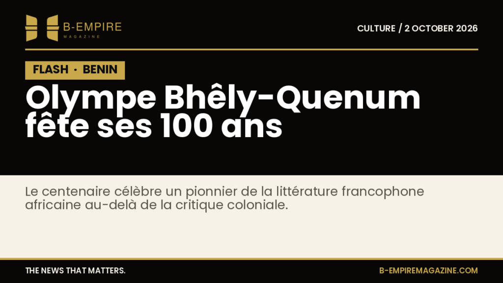 Portrait en noir et blanc d'Olympe Bhêly-Quenum, écrivain béninois centenaire, avec un fond papier beige