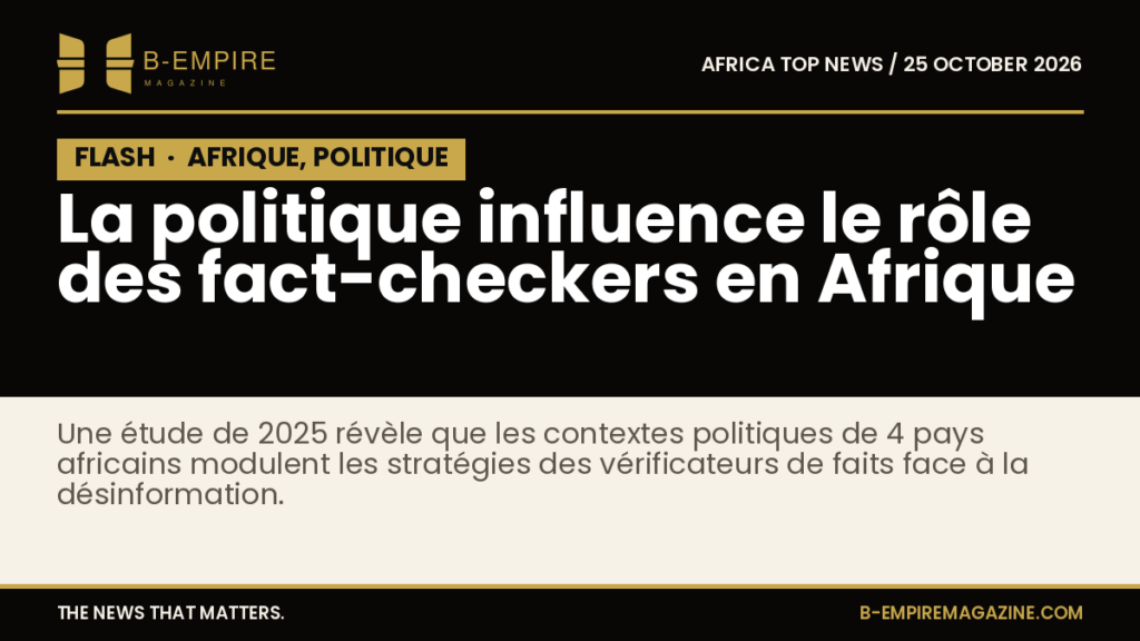 Visuel avec un bloc noir marqué FLASH et un texte en or et blanc sur la politique et le fact-checking en Afrique