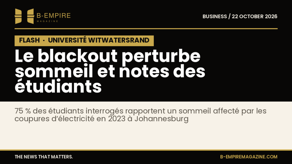 Visuel noir avec le mot FLASH en blanc et or, sur fond noir, titre blanc et or annonçant l’impact des coupures d’électricité sur les étudiants