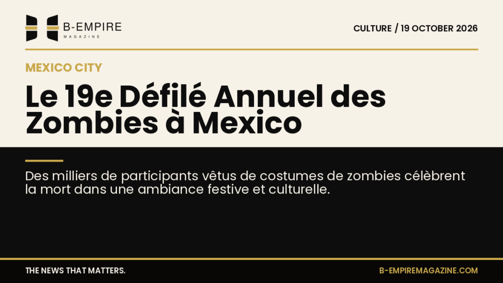 Des milliers de personnes déguisées en zombies défilant dans les rues de Mexico lors de la 19e Zombie Walk annuelle, sous un ciel clair.