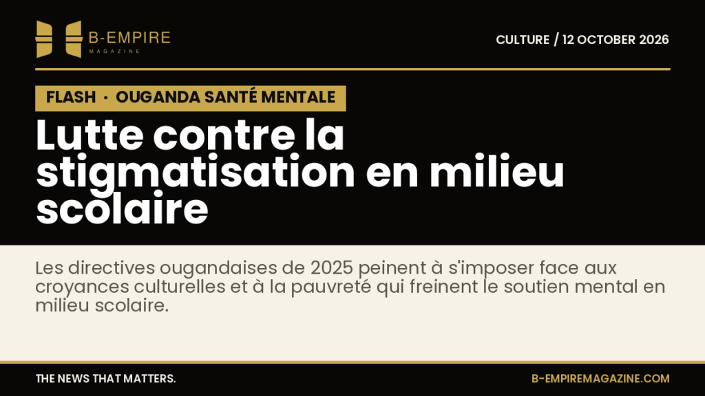 Visuel noir avec bloc « FLASH » en blanc et or, texte sur la stigmatisation de la santé mentale en milieu scolaire en Ouganda.