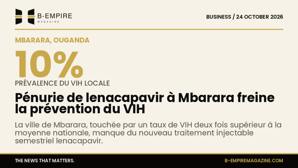Graphique stylisé sur fond papier montrant le taux de VIH à Mbarara avec un chiffre 10% en encre noire et or