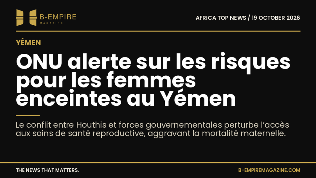 Femme enceinte dans une zone de conflit au Yémen, avec un hôpital endommagé en arrière-plan.