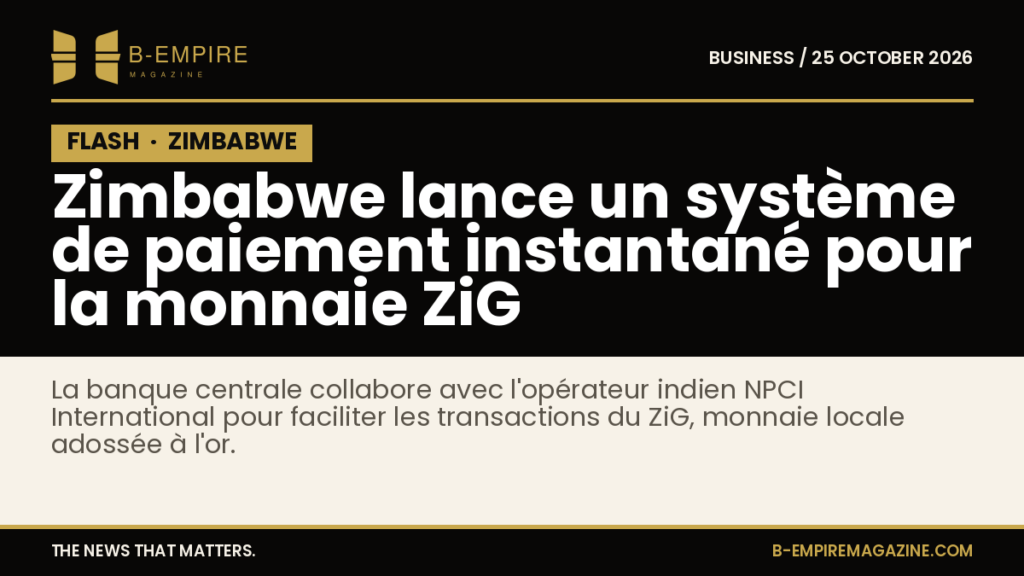 Visuel avec texte blanc sur fond noir indiquant "FLASH" et le titre sur un système de paiement instantané au Zimbabwe.